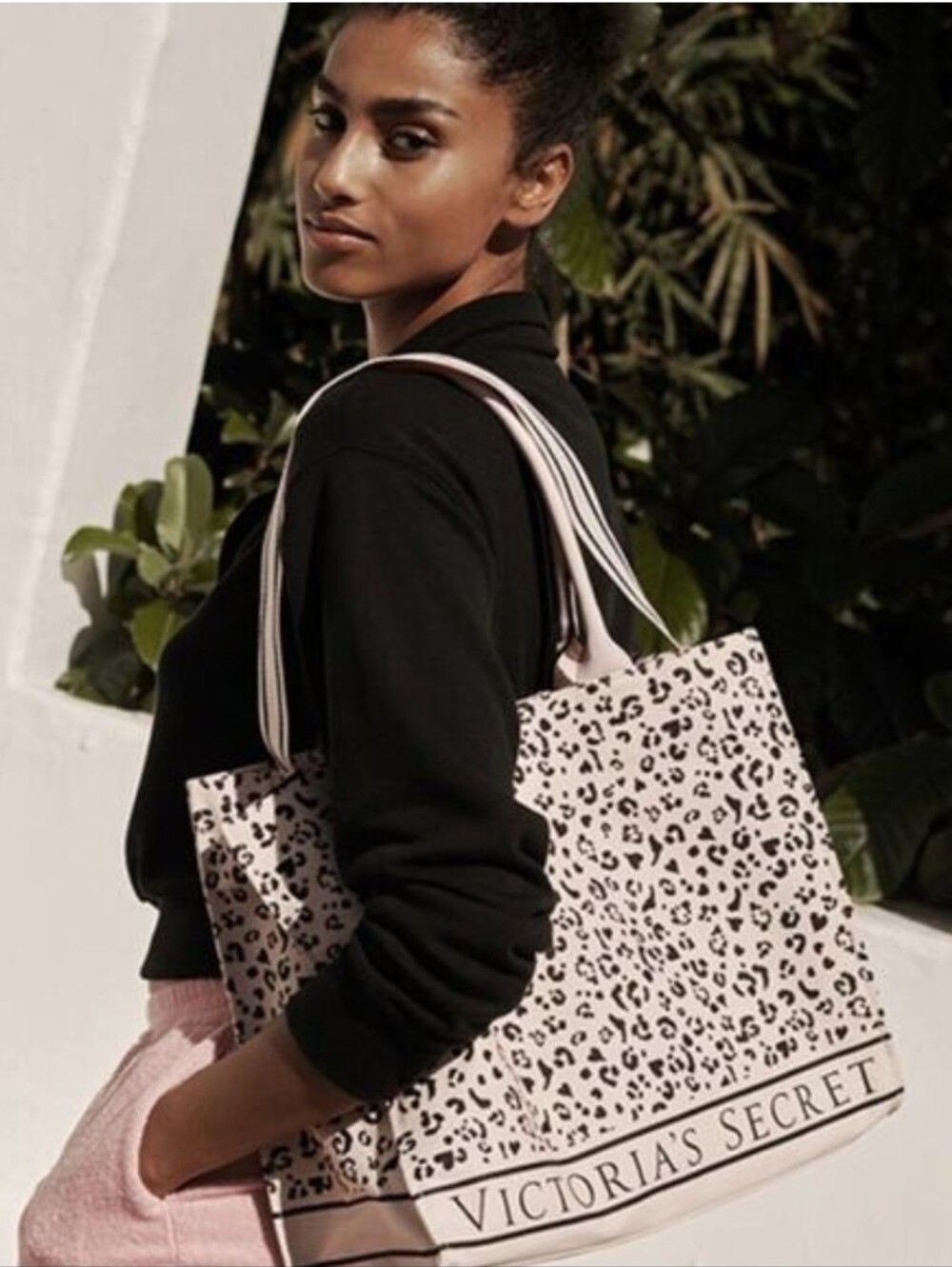 Victoria's Secret Leopard Print Canvas Tote Bag featuring light pink handles NWT